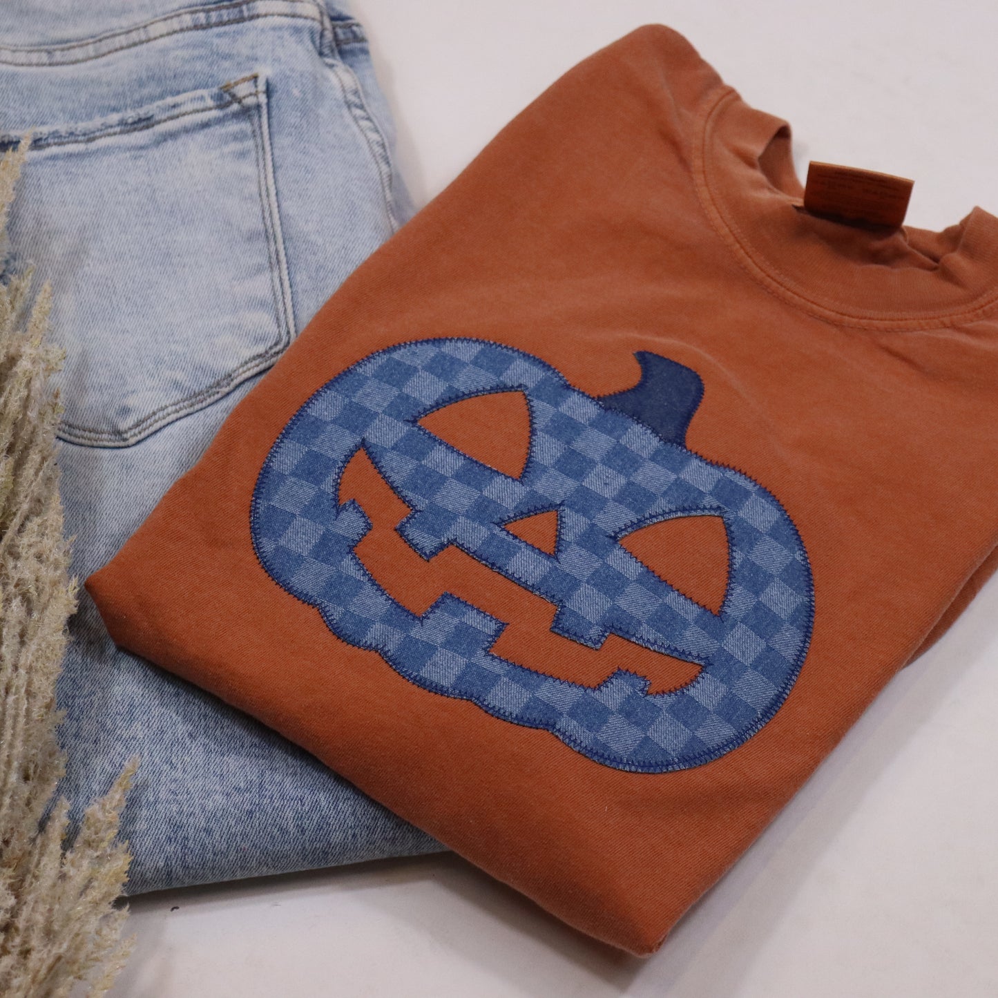 Denim Pumpkin Face Short Sleeve