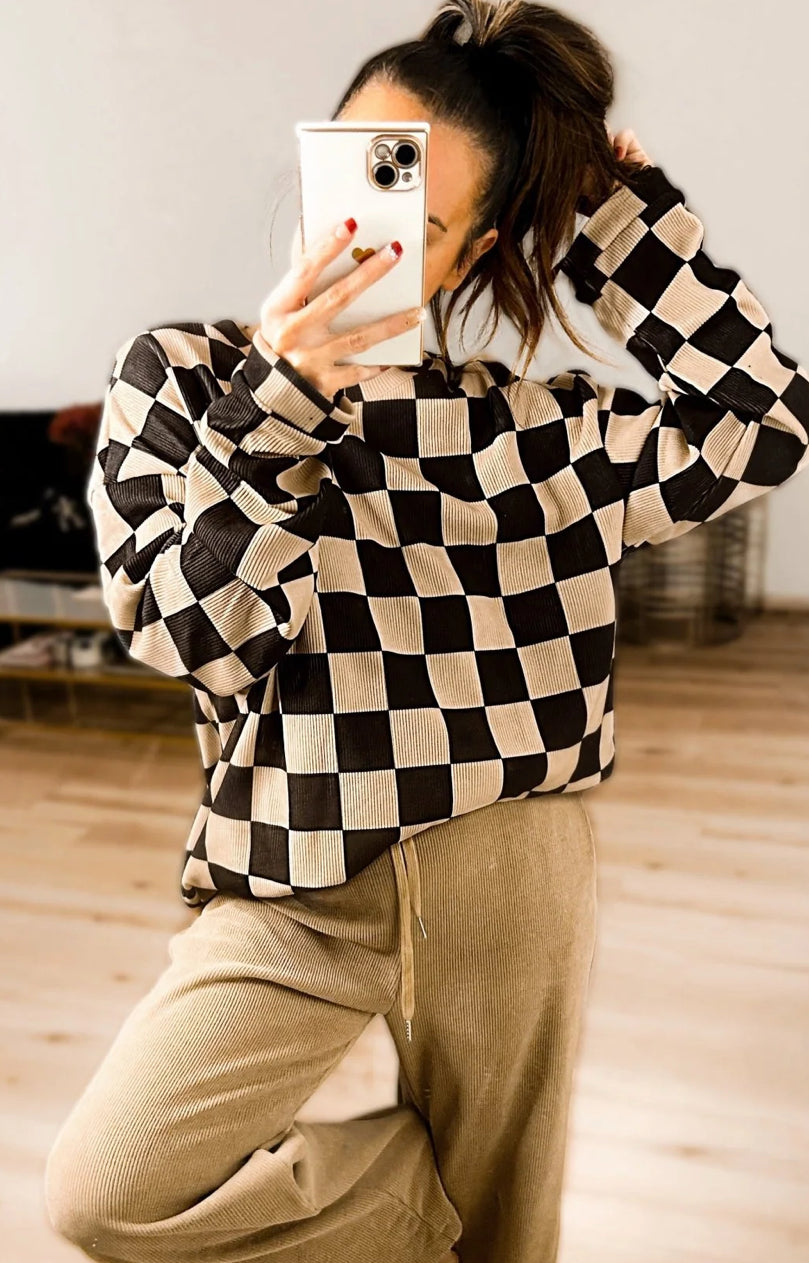 Checkerboard Corded Crew Sweater