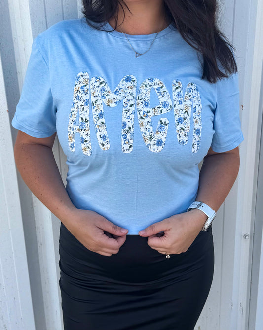 Light Blue Amen Floral Short Sleeve