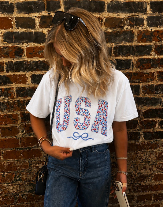 SALE White Floral USA Short Sleeve