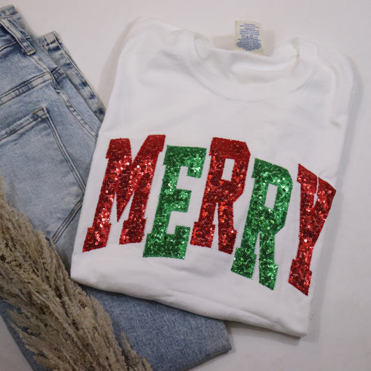 Red Green Sequins Merry Christmas Short Sleeve