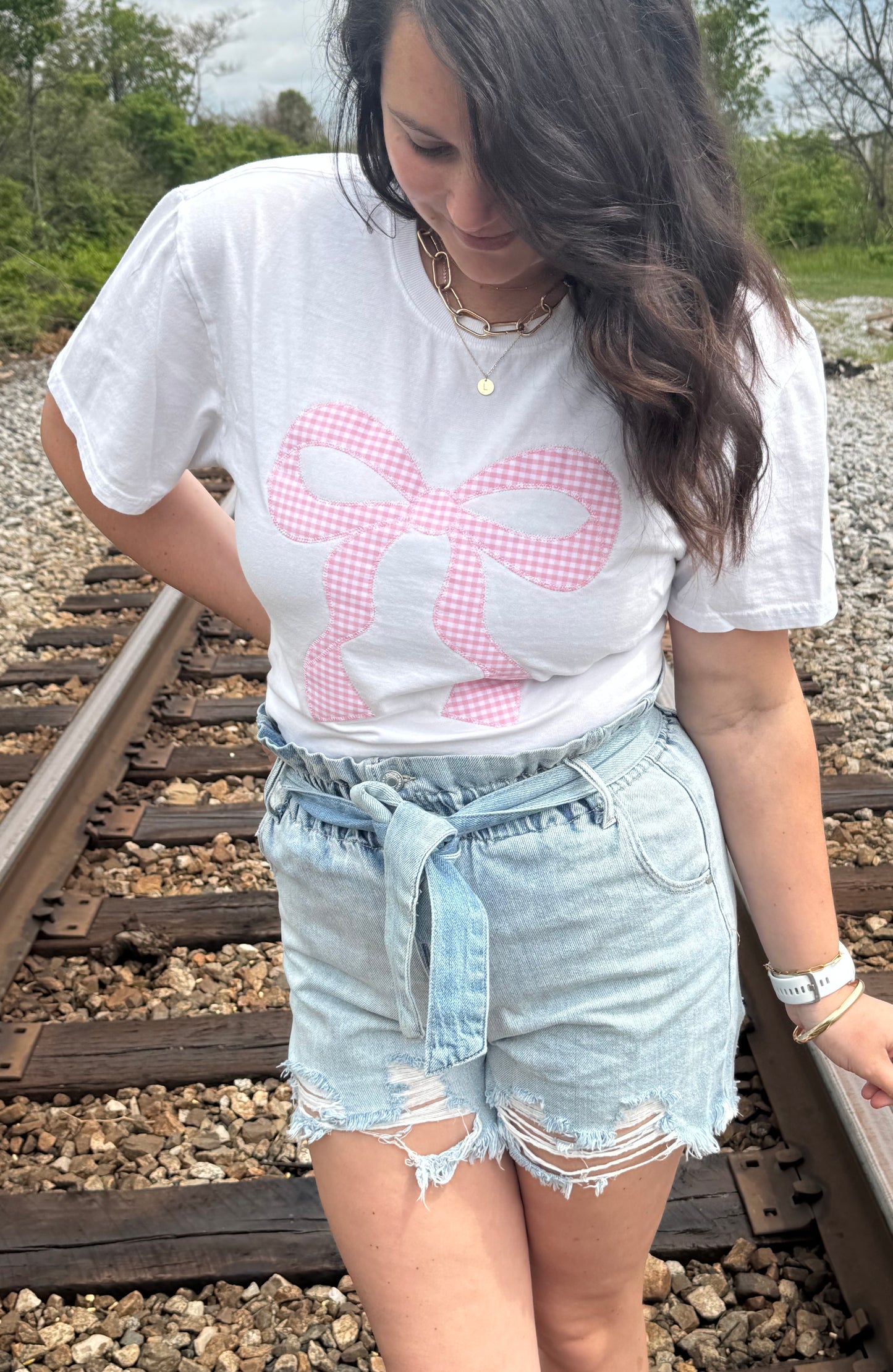 Pink Gingham Bow Short Sleeve