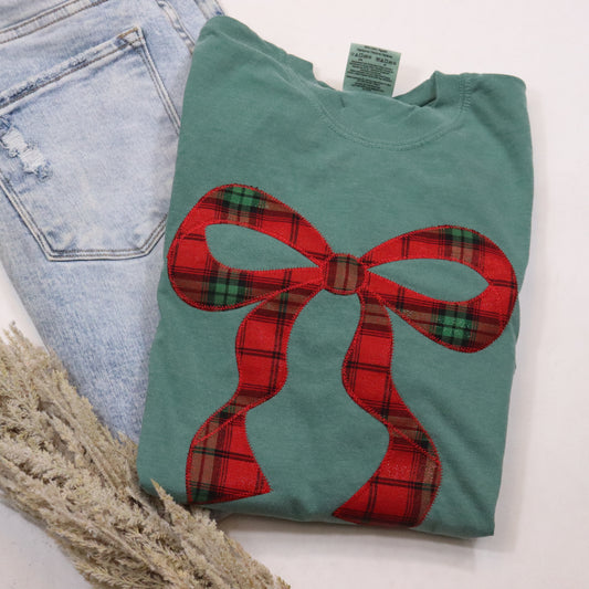 Christmas Plaid Bow Short Sleeve