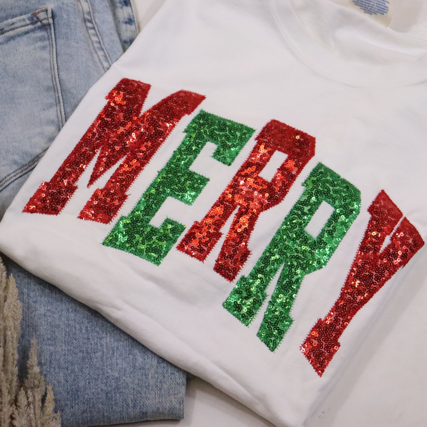 Red Green Sequins Merry Christmas Short Sleeve