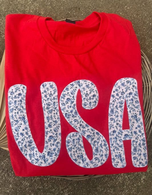 Red Floral USA Short Sleeve