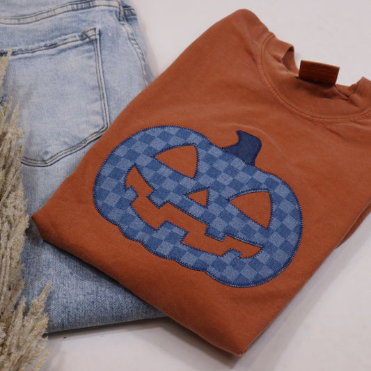 Denim Pumpkin Face Short Sleeve
