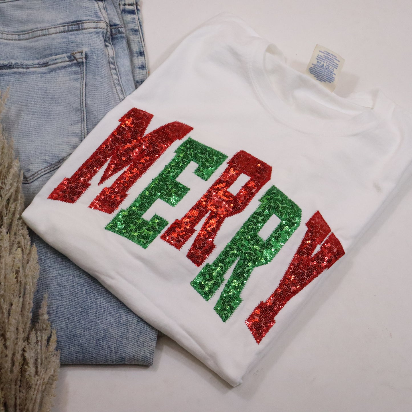 Red Green Sequins Merry Christmas Short Sleeve