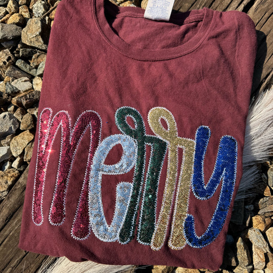 Maroon Merry Modge Podge REAL Sequins Short Sleeve