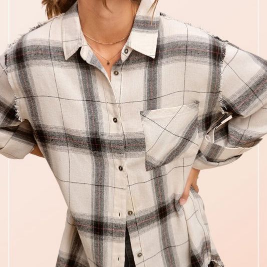 Raw Edge Plaid Button Up