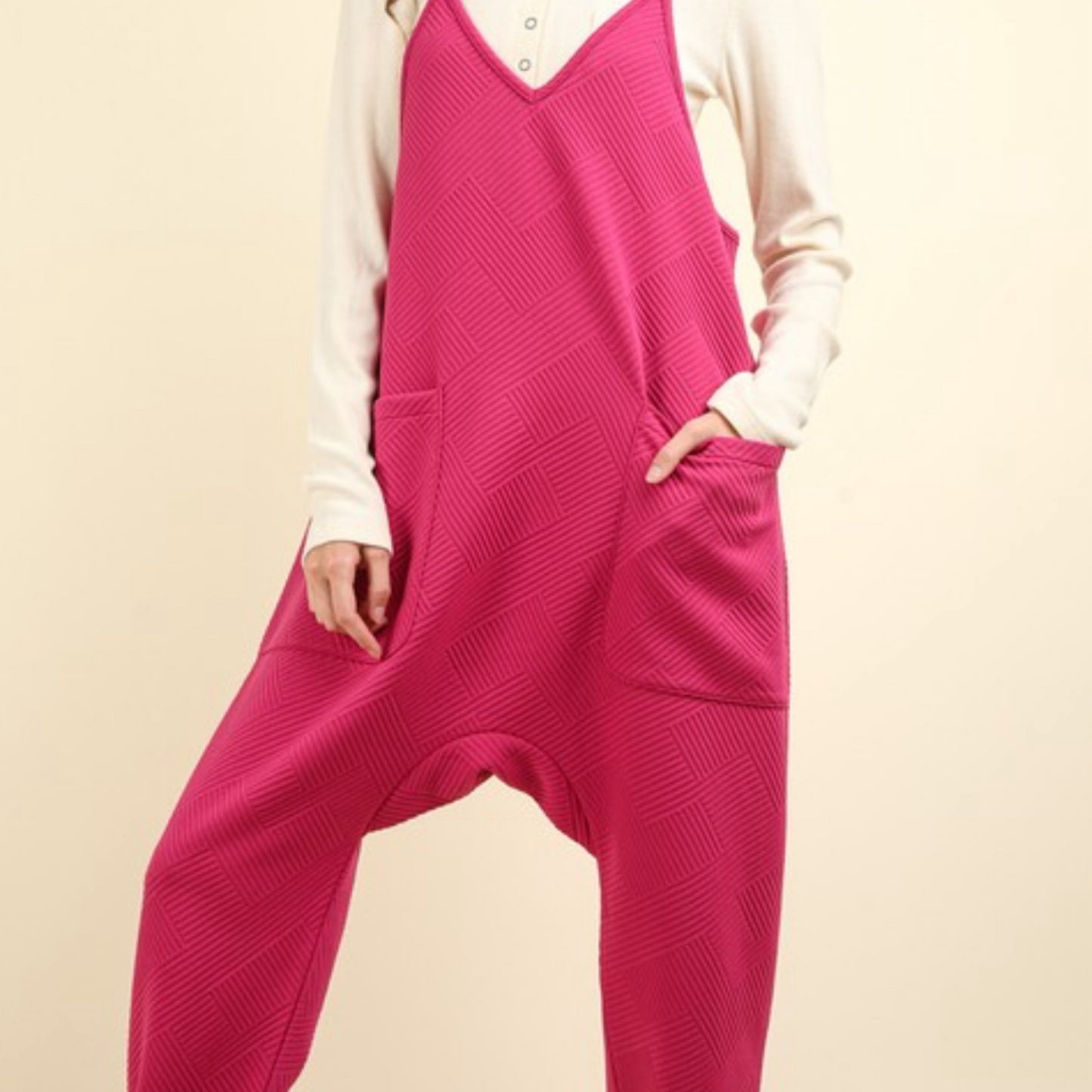 Hot Pink Quilted Knit Jumpsuit