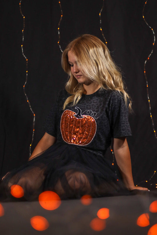 Halloween Pumpkin Black Leopard Short Sleeve